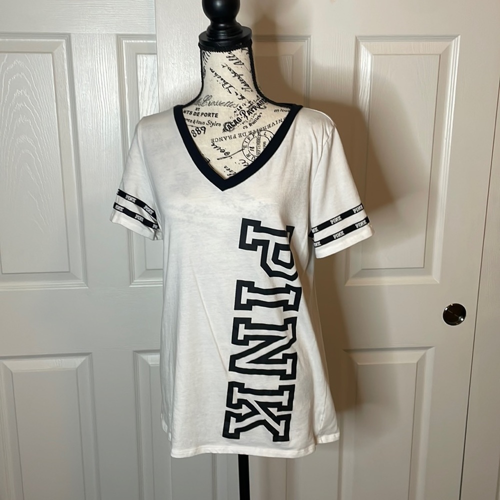 PINK Victorias Secret White & Black V-Neck Tee